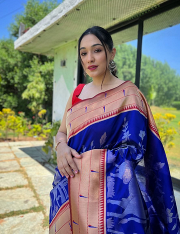 Royal Blue Banarasi Silk Saree with Beige Zari Border