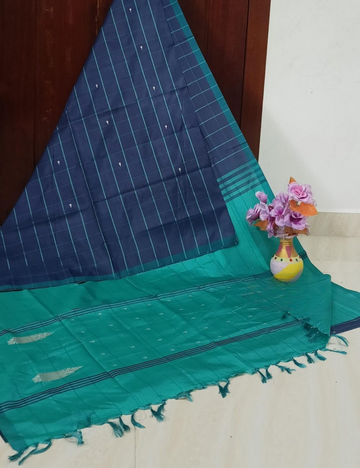 Classic Navy Blue body & Teal Green pallu Saree