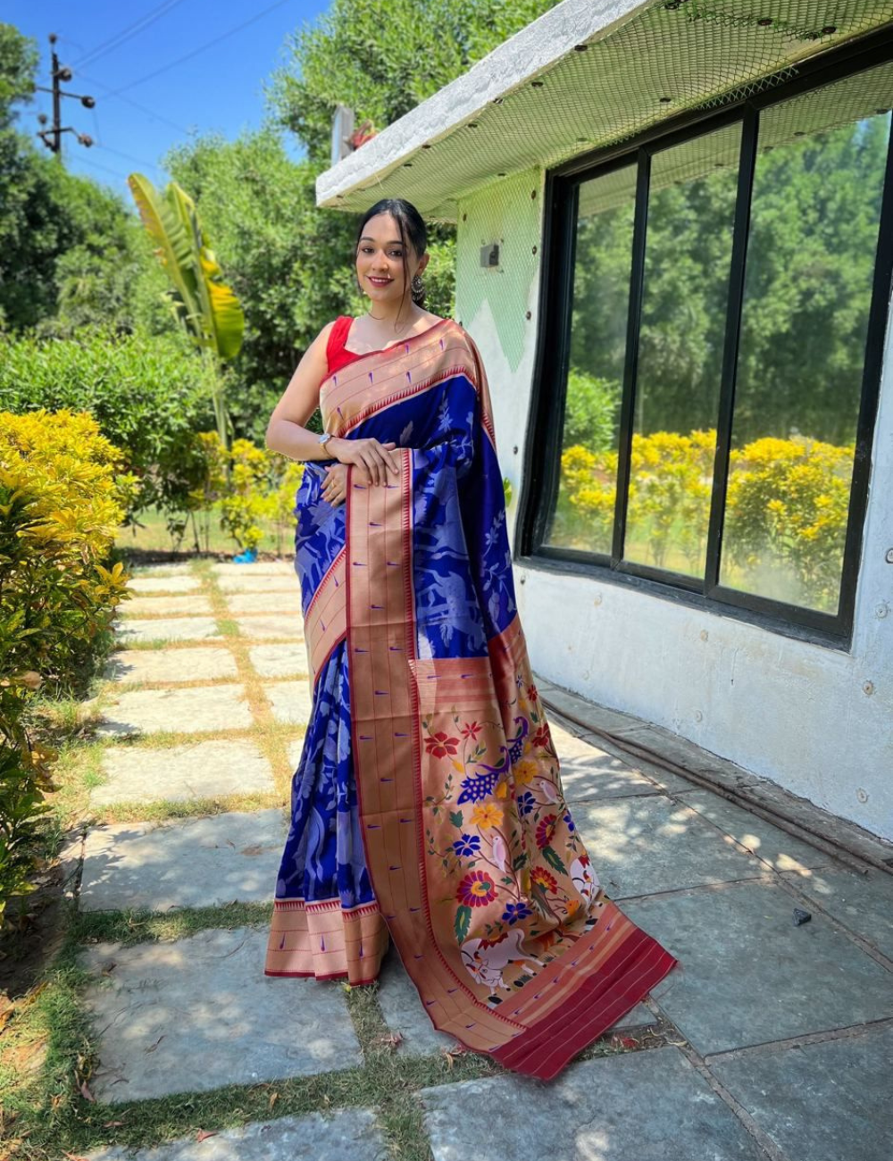 Royal Blue Banarasi Silk Saree with Beige Zari Border