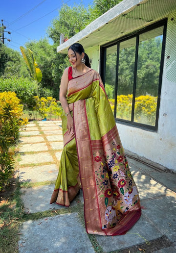 Radiant Olive Green and Red Silk Blend Saree with Elegant Zari Detailing