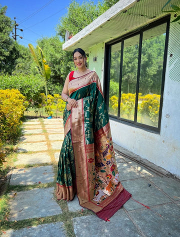 Elegant Green Paithani Silk Saree with Copper Zari Border & Peacock Pallu with contrast maroon blouse