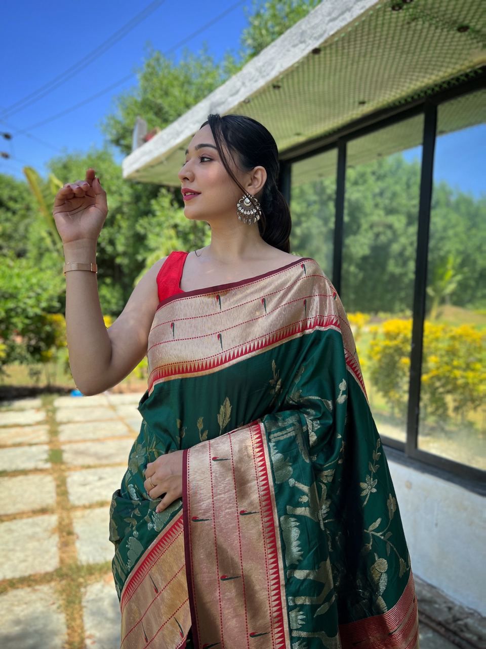 Elegant Green Paithani Silk Saree with Copper Zari Border & Peacock Pallu with contrast maroon blouse