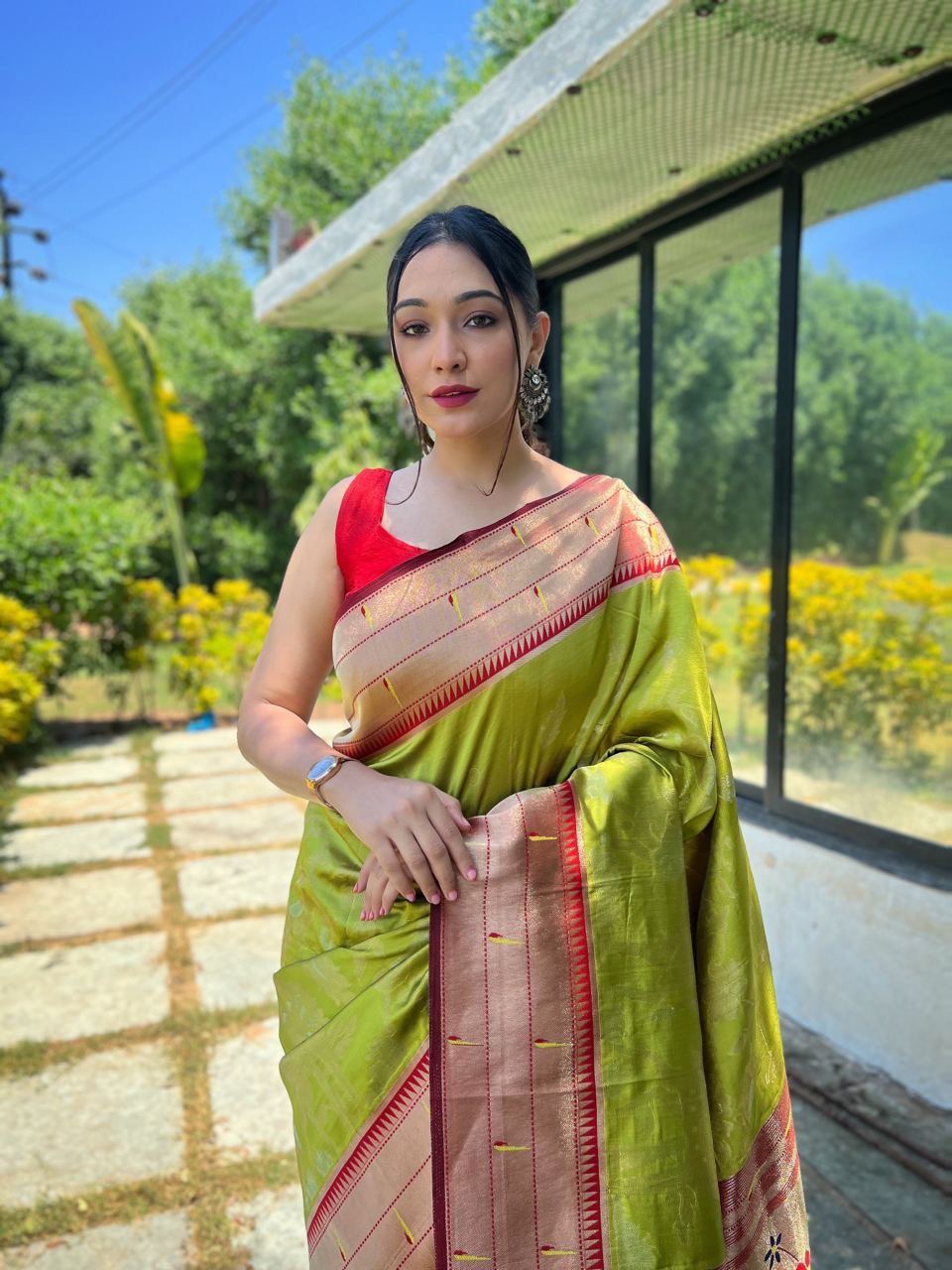 Radiant Olive Green and Red Silk Blend Saree with Elegant Zari Detailing