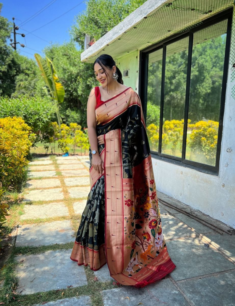 Classic Black and Red Silk Blend Saree with Floral Zari Motifs