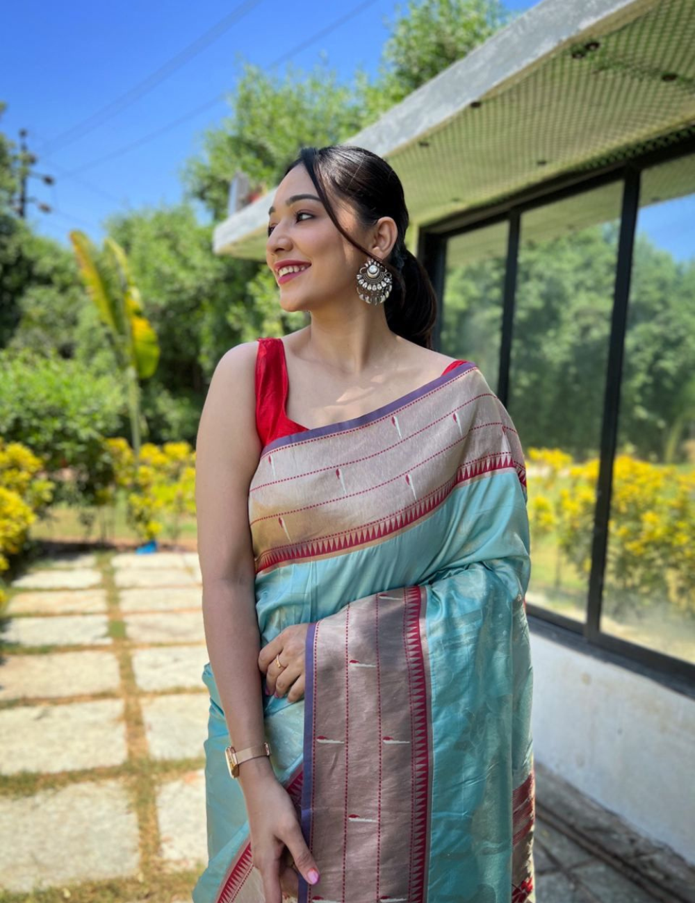 Serene Sky Blue and Peach Silk Blend Saree with Elegant Zari Border