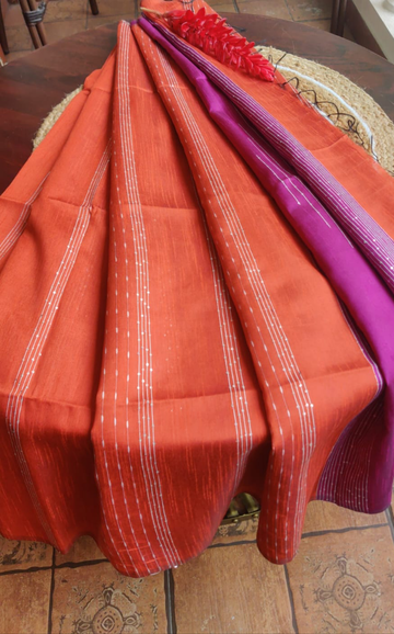 Bright Orange Stripes Saree with Voilet pallu and Blouse
