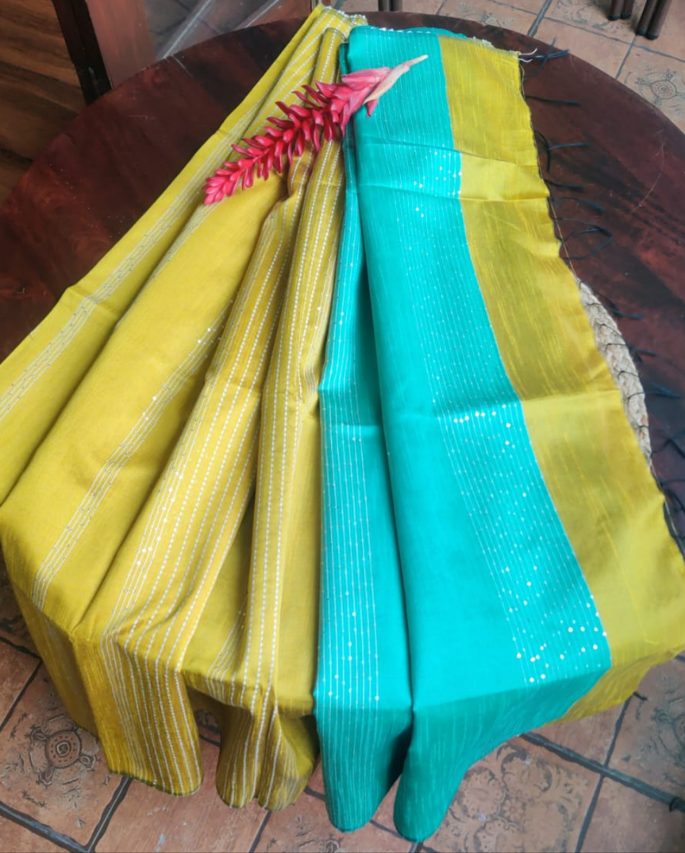 Bright Yellow Green saree Aqua blue blouse and pallu