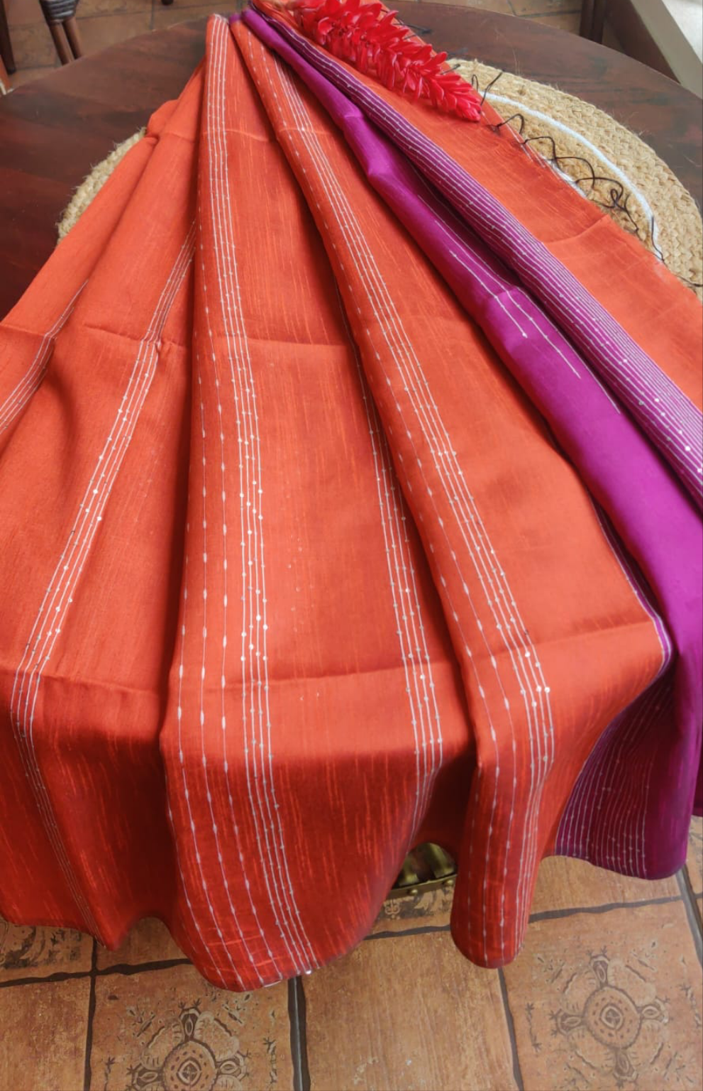 Bright Orange Stripes Saree with Voilet pallu and Blouse