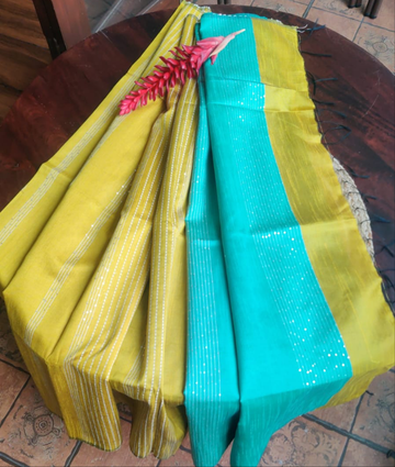 Bright Yellow Green saree Aqua blue blouse and pallu