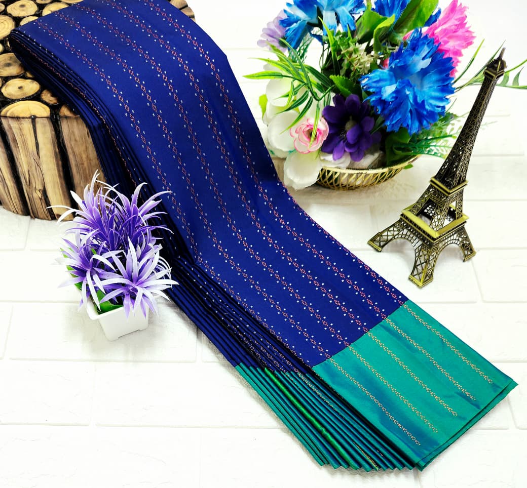 Ink blue Arani Pattu Saree with contrast blouse and border