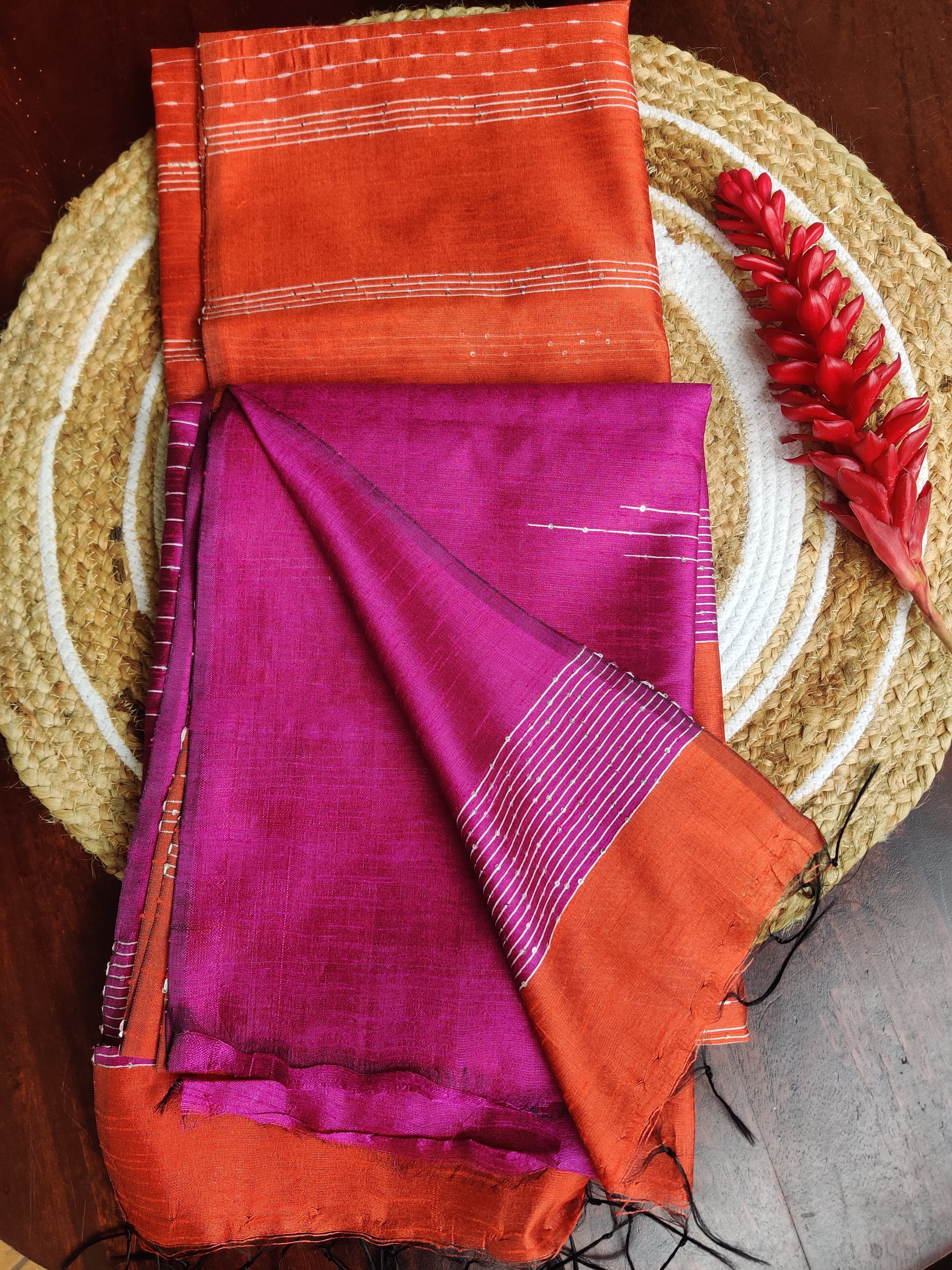 Bright Orange Stripes Saree with Voilet pallu and Blouse