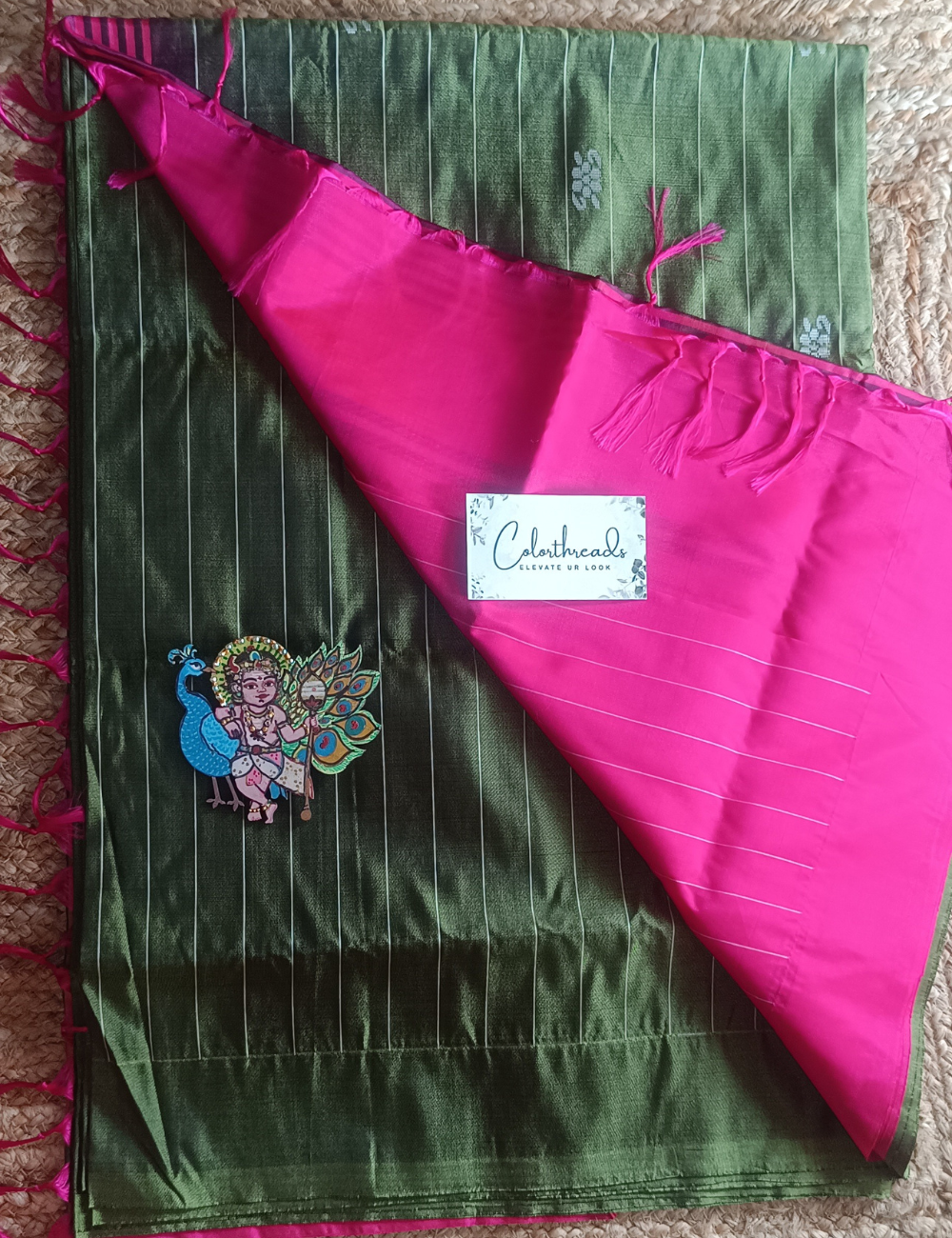 Olive Green Body with Vibrant Pink Pallu