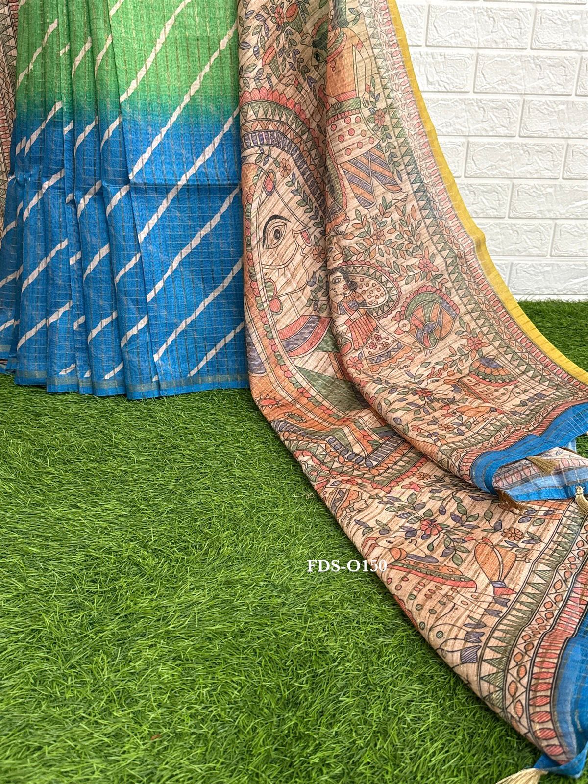 Tri color tussar silk with lehariya print