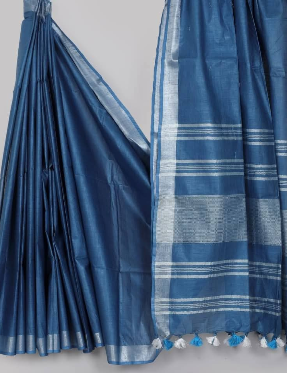 Teal Blue Linen Cotton Saree with Silver Zari and Tassel Border