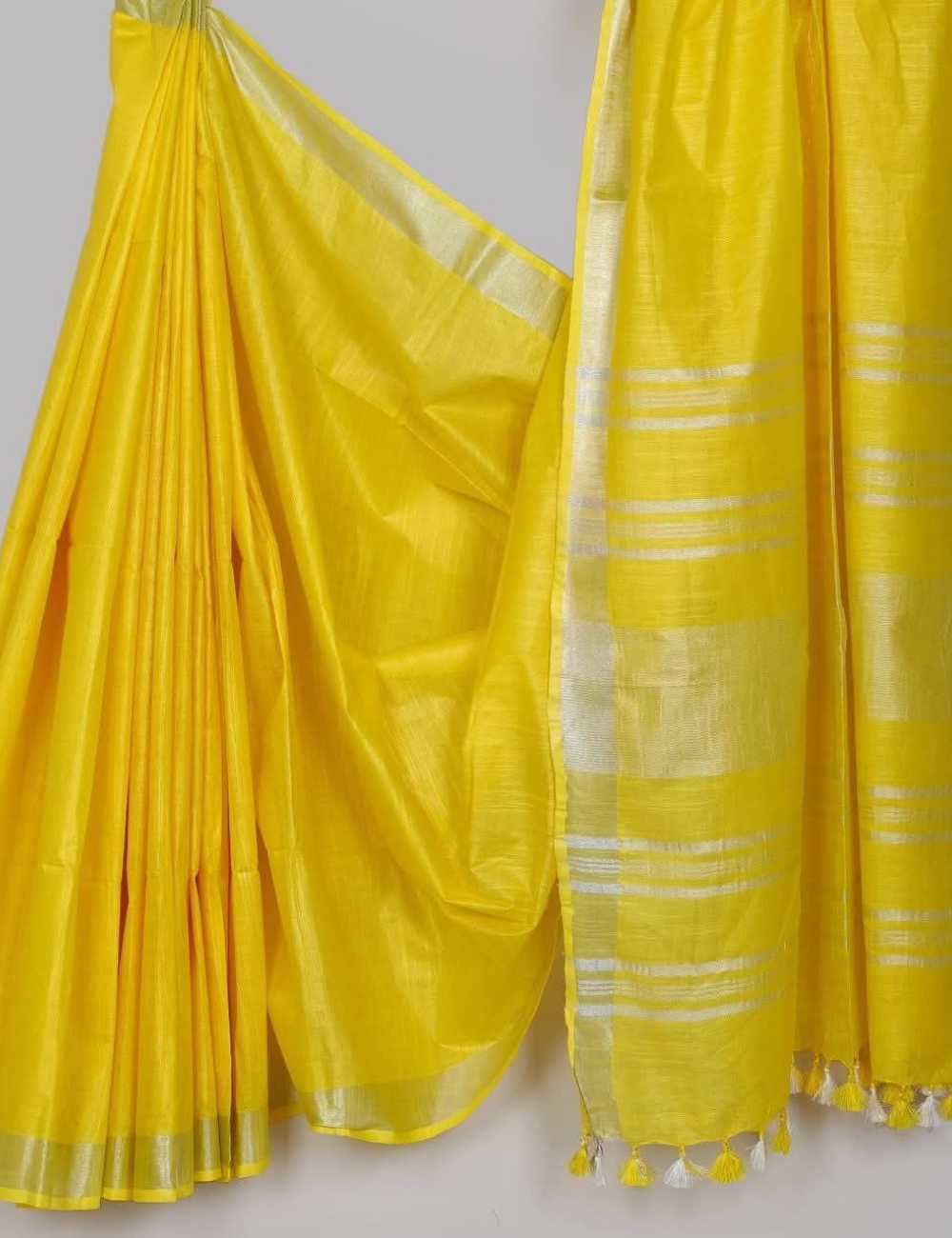 Bright Yellow Linen Cotton Saree with Silver Zari & Running Blouse