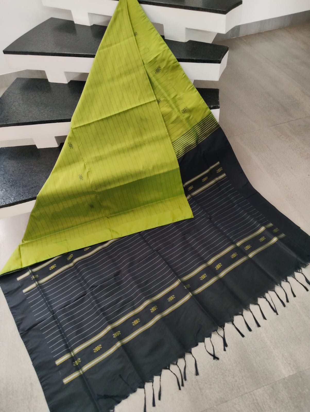 Parrot Green striped saree with black pallu