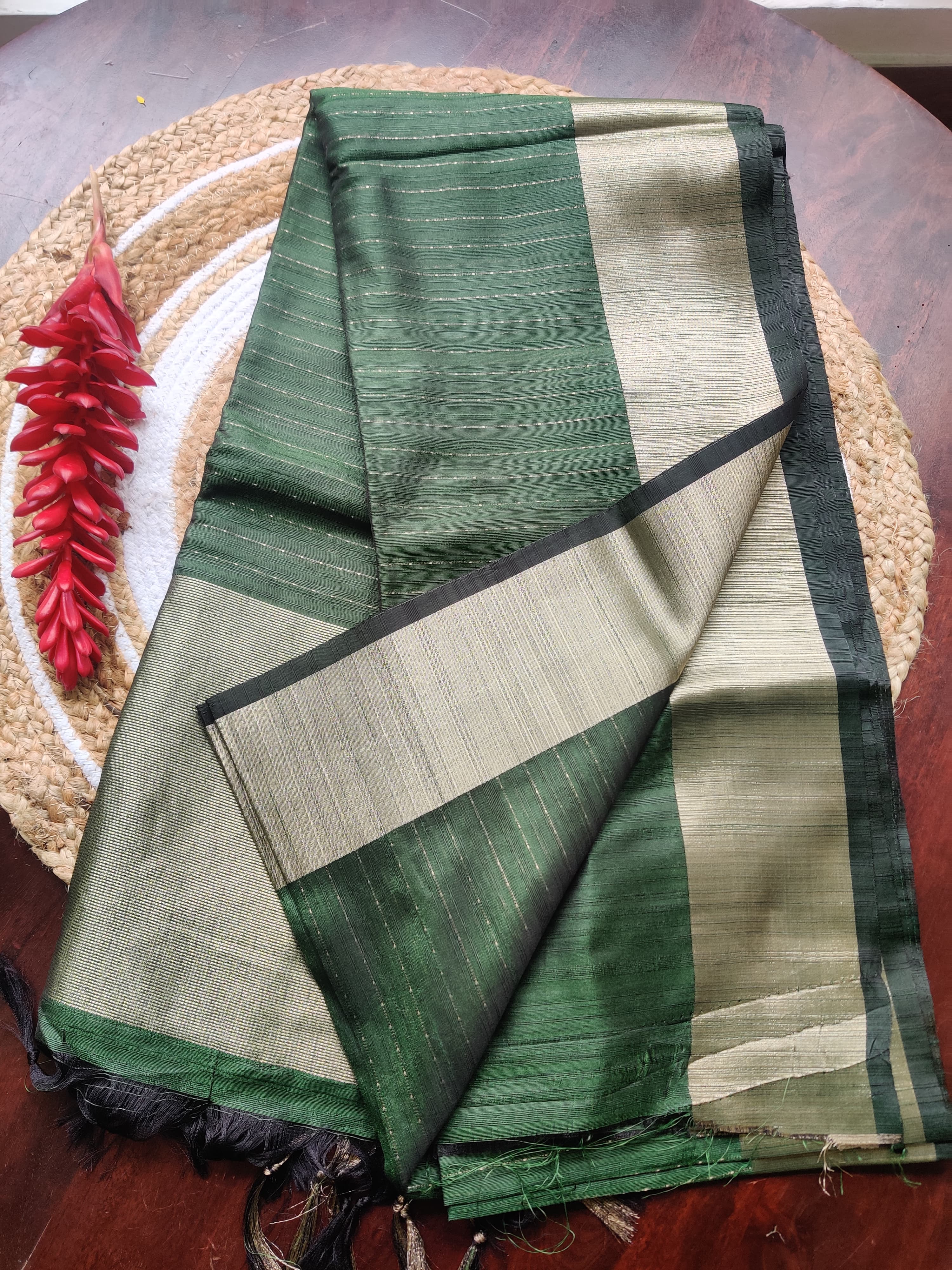 Bottle green Saree Golden Border