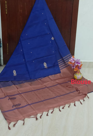 Royal Blue saree with pale brown pallu and blouse