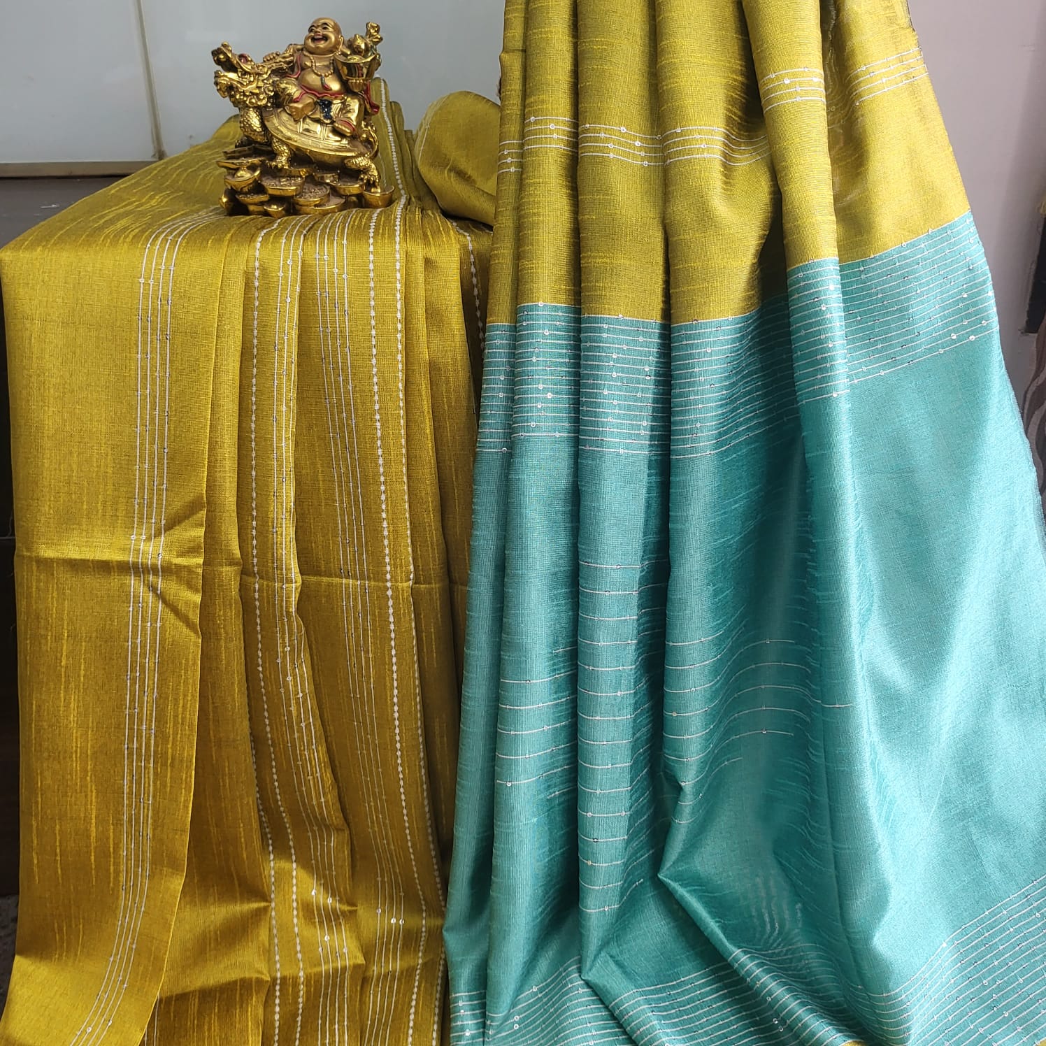 Bright Yellow Green saree Aqua blue blouse and pallu