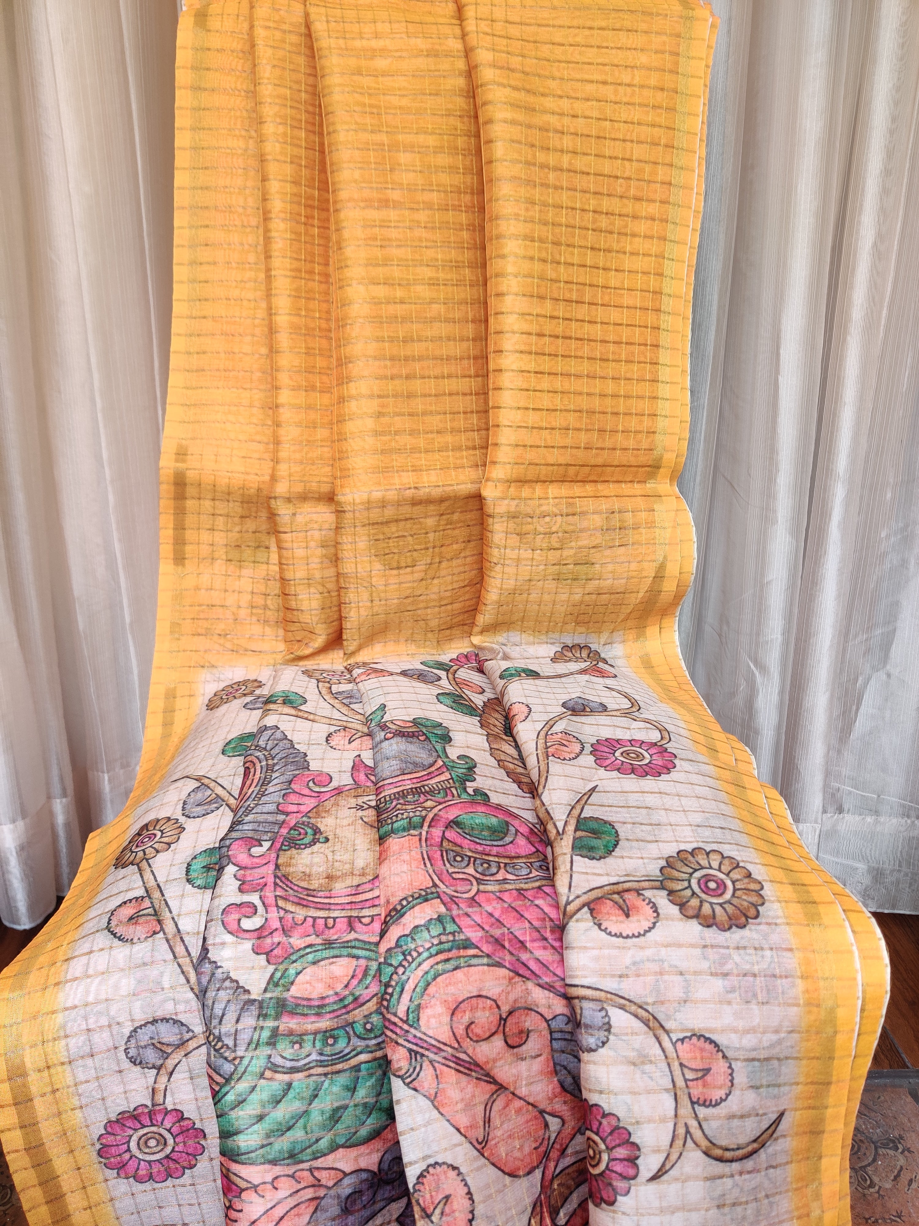 Yellow lehariya print tussar with madhubani blouse and pallu