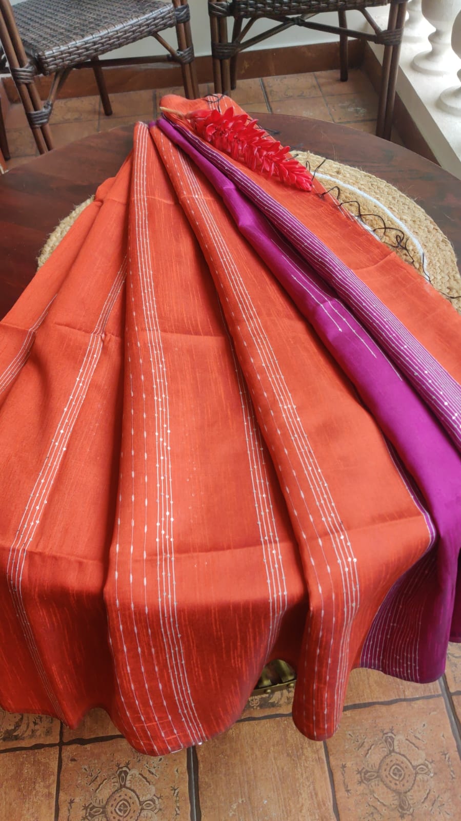 Bright Orange Stripes Saree with Voilet pallu and Blouse