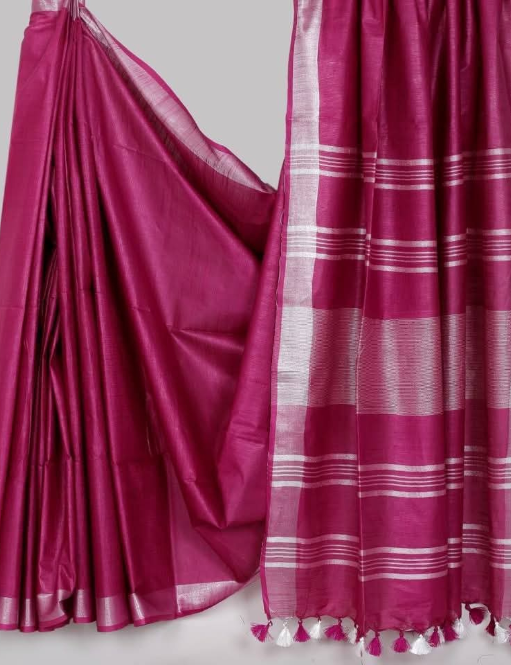 Magenta Linen Cotton Saree with Silver Zari & Dual Tassel Detail