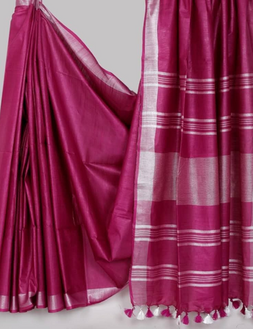 Magenta Linen Cotton Saree with Silver Zari & Dual Tassel Detail
