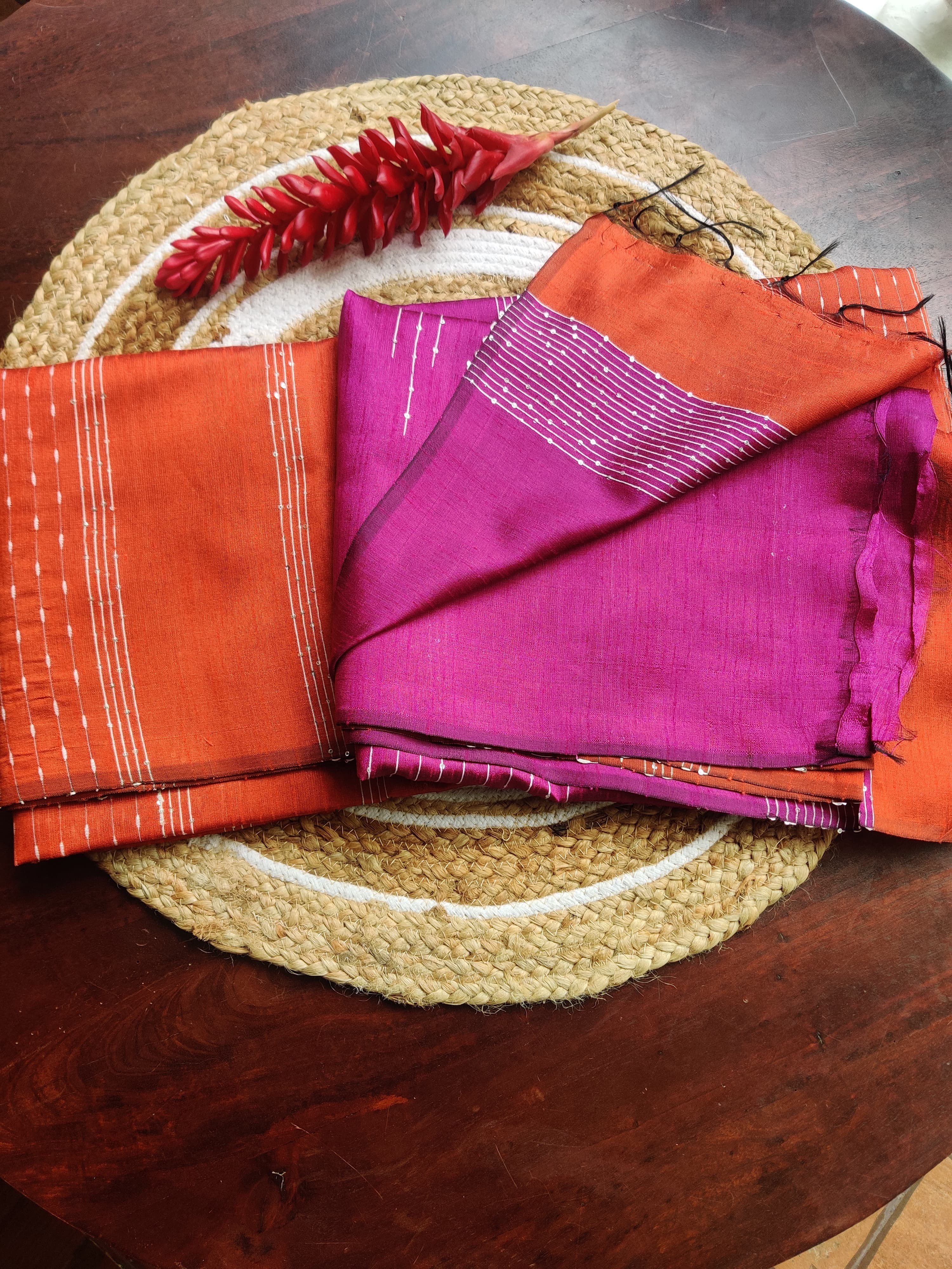 Bright Orange Stripes Saree with Voilet pallu and Blouse