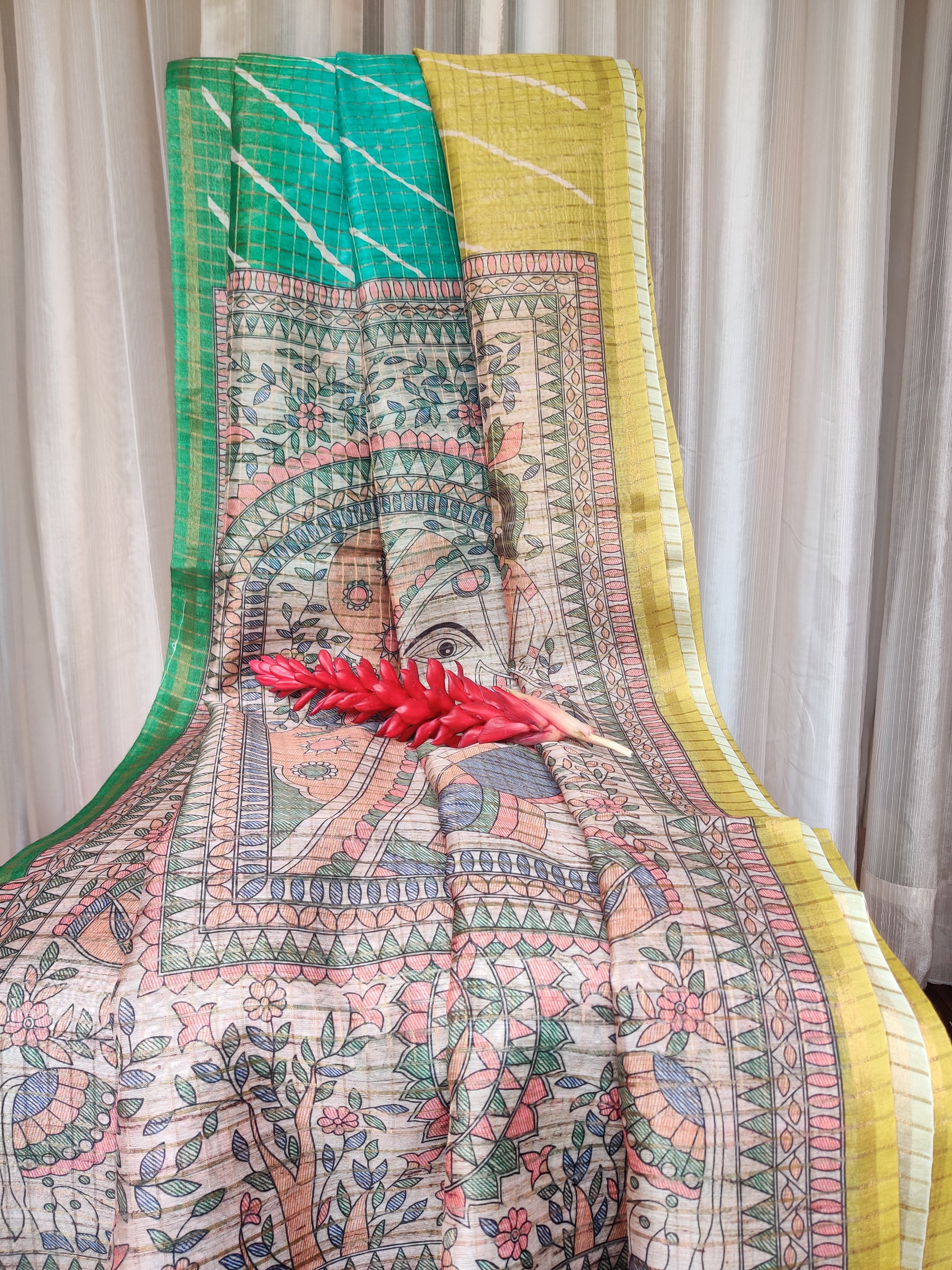 Tricolor Tussar lehariya print and madhubani blouse and pallu