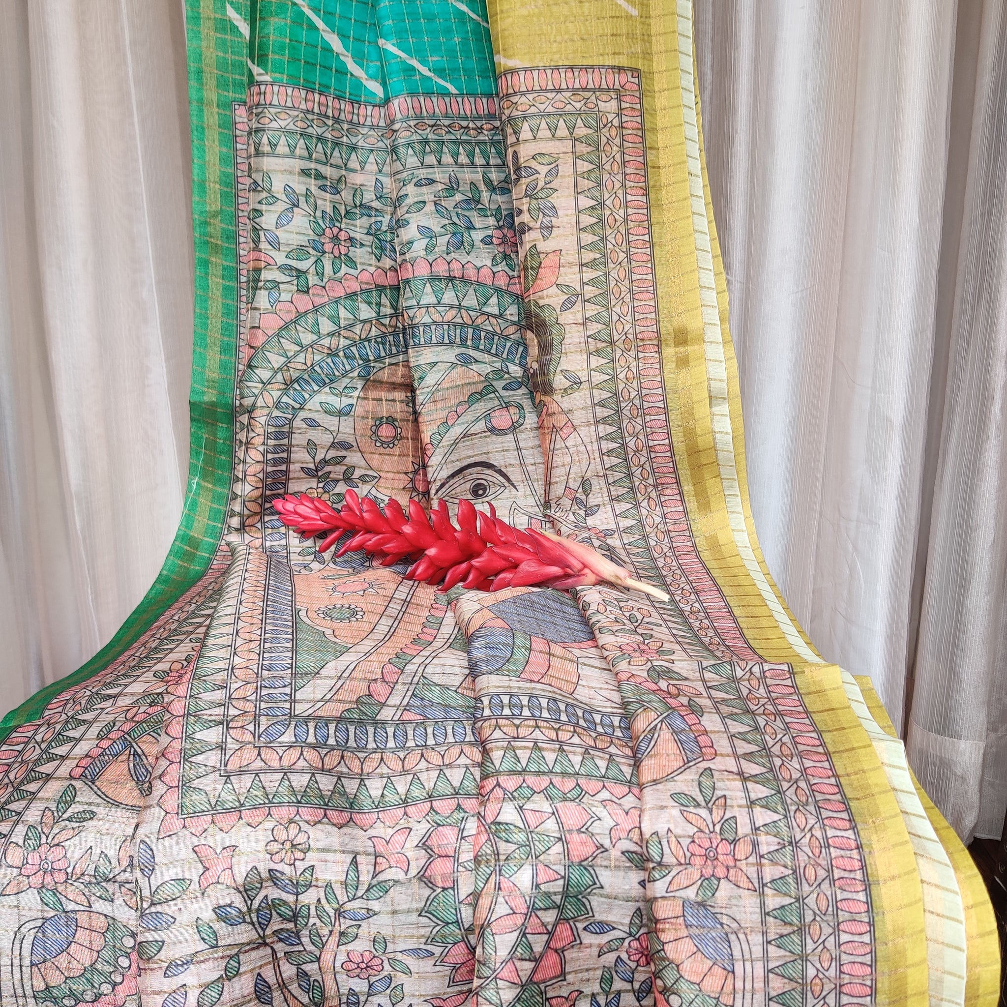 Tricolor Tussar lehariya print and madhubani blouse and pallu