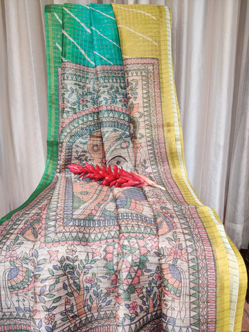 Tricolor Tussar lehariya print and madhubani blouse and pallu