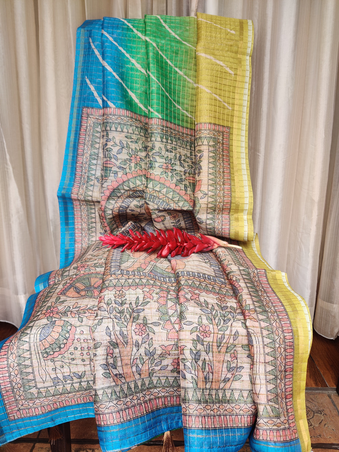 Tri color tussar silk with lehariya print