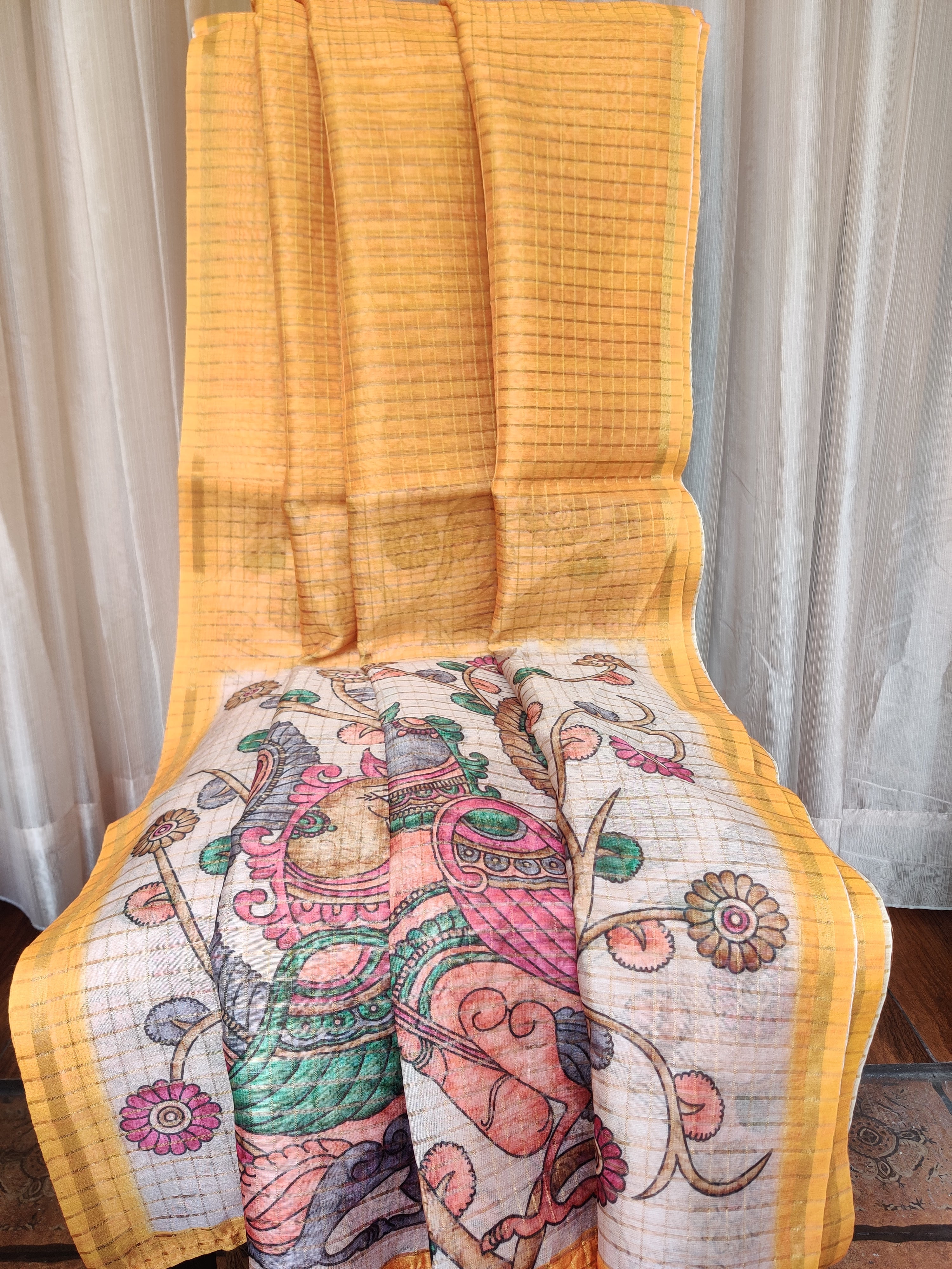 Yellow lehariya print tussar with madhubani blouse and pallu