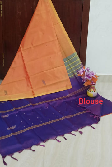 Plain peach saree with violet pallu
