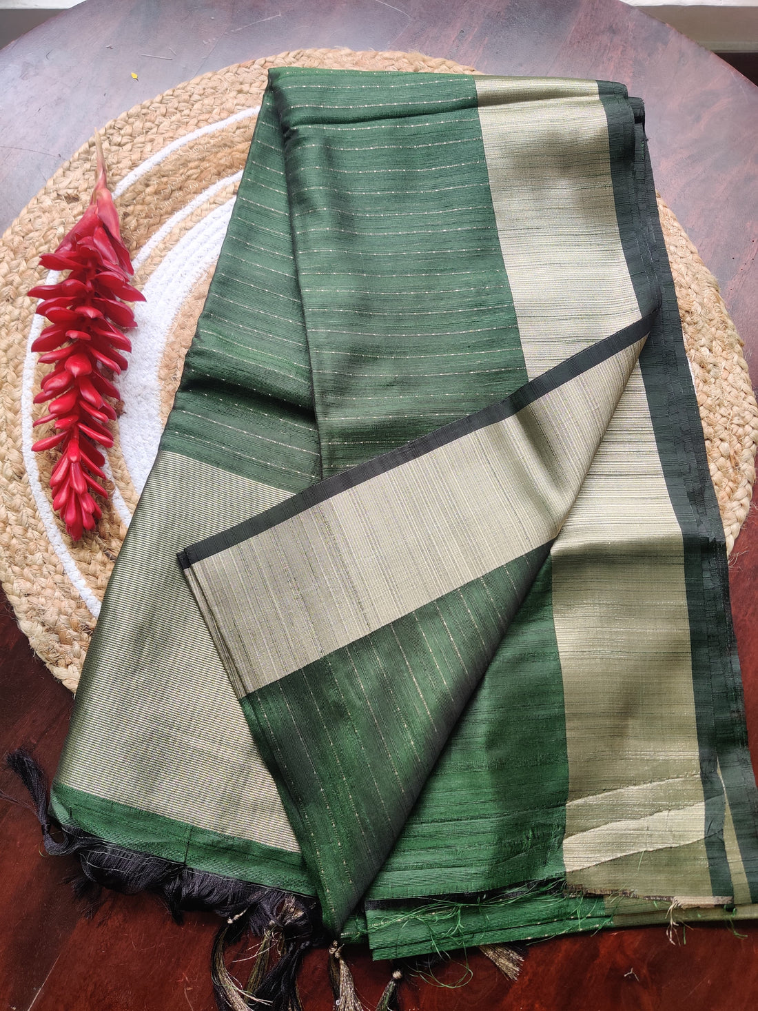 Bottle green Saree Golden Border