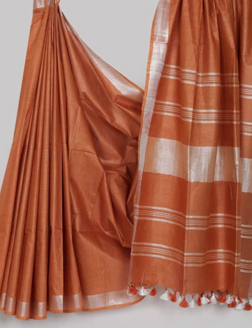 Rust Orange Linen Cotton Saree with Silver Zari & Contrast tassels