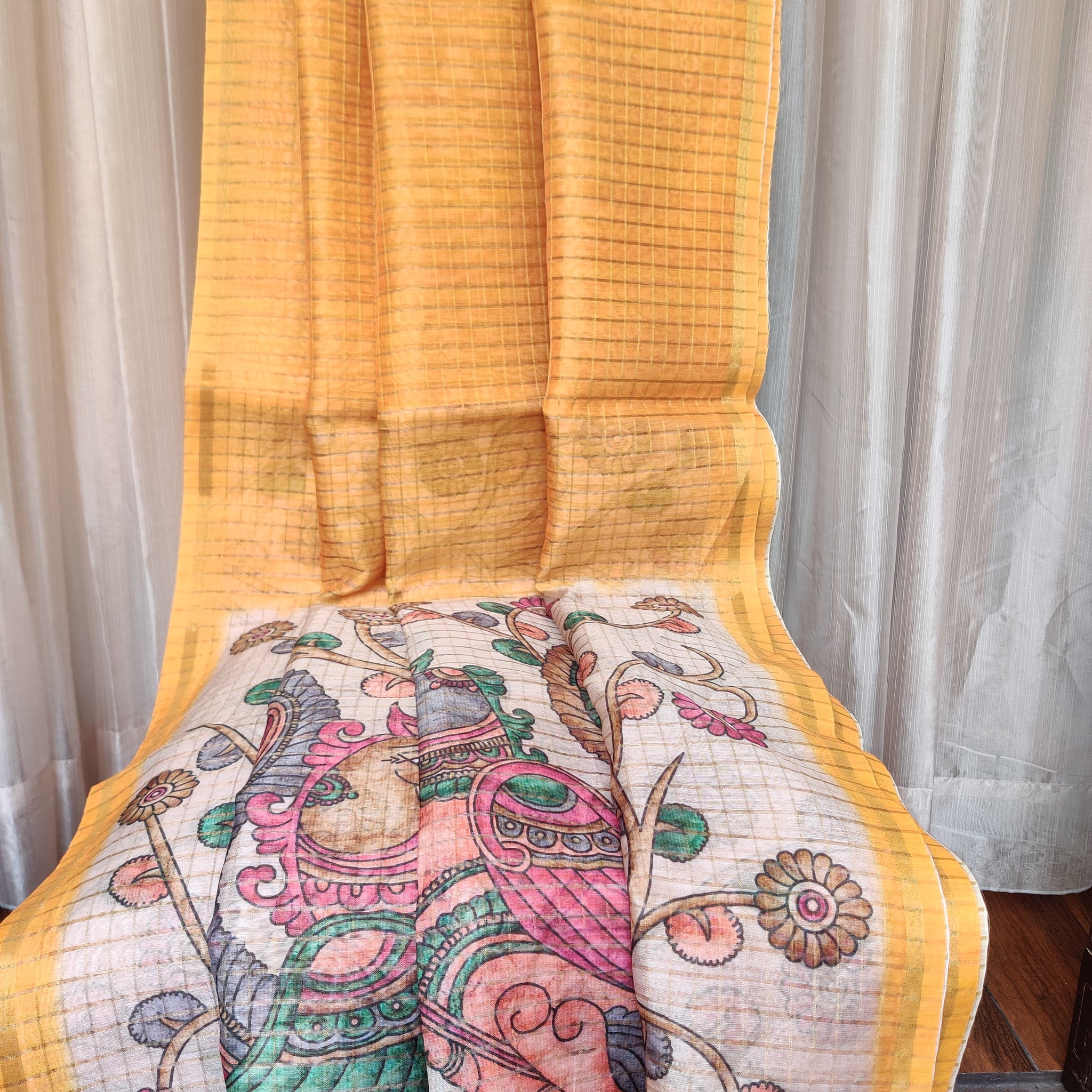 Yellow lehariya print tussar with madhubani blouse and pallu