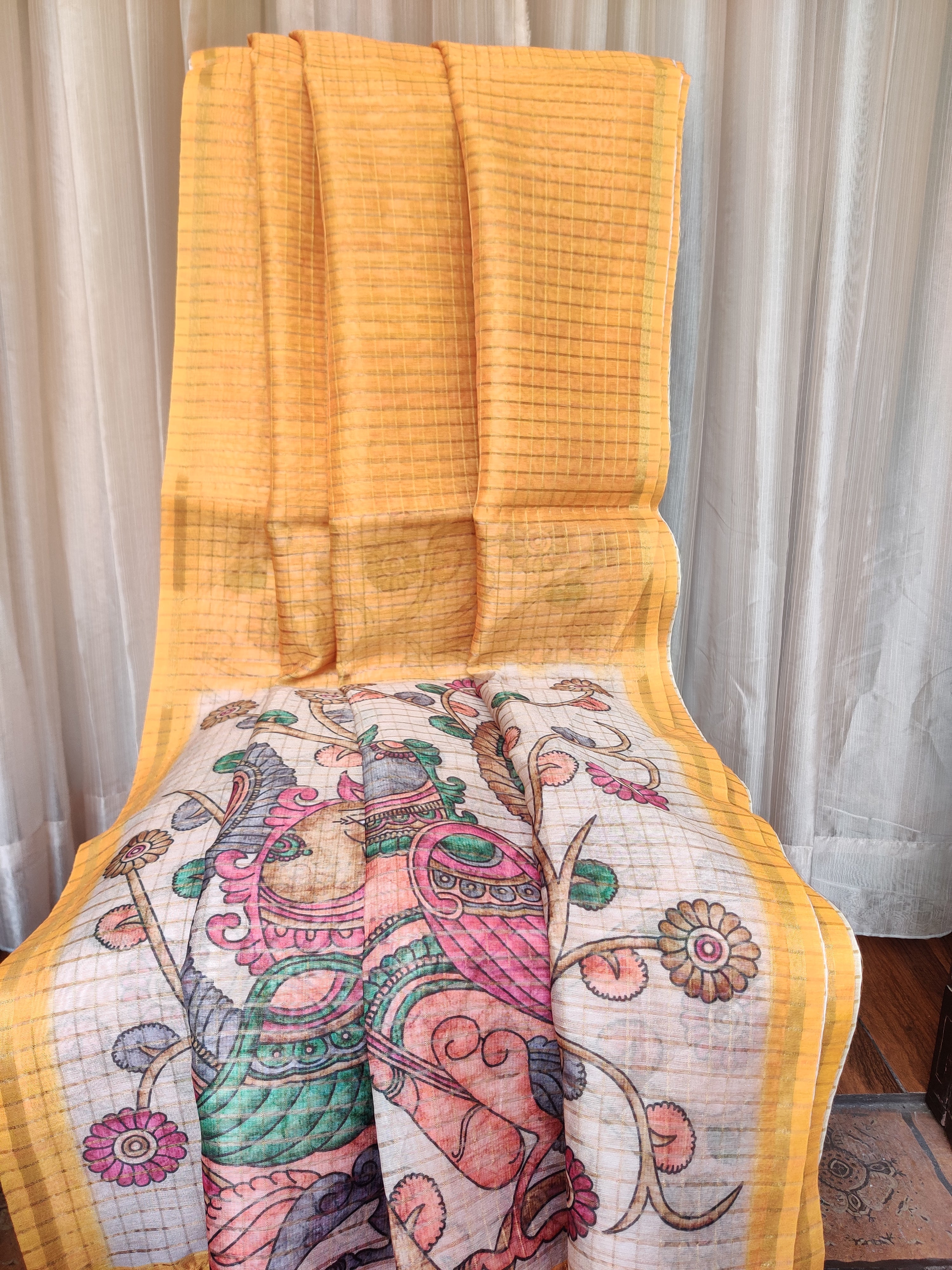 Yellow lehariya print tussar with madhubani blouse and pallu