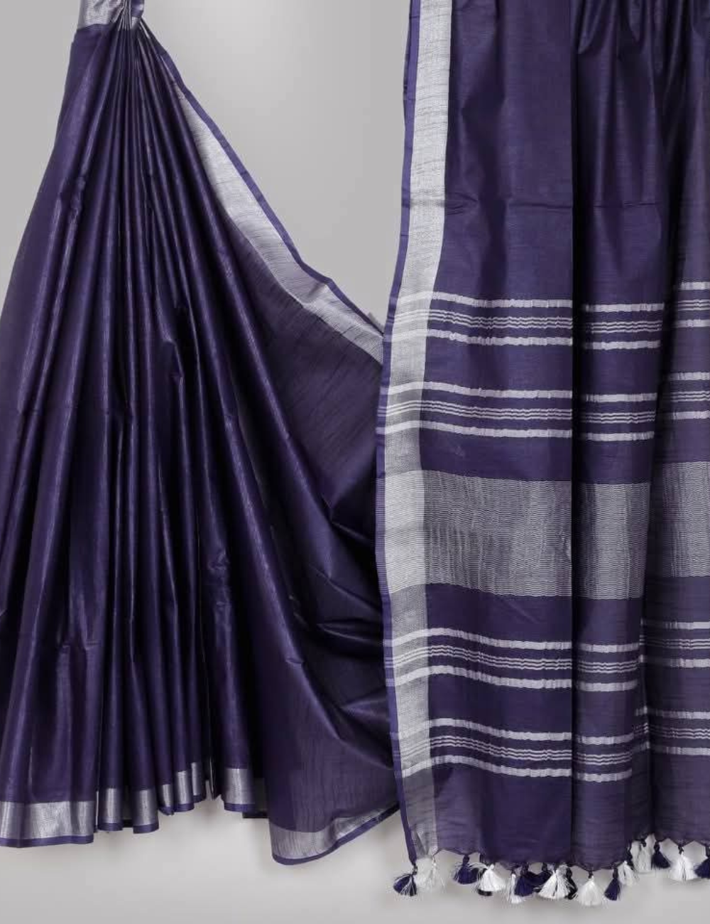 Navy Blue Linen Cotton Saree with Silver Zari Border & Tassel Finish