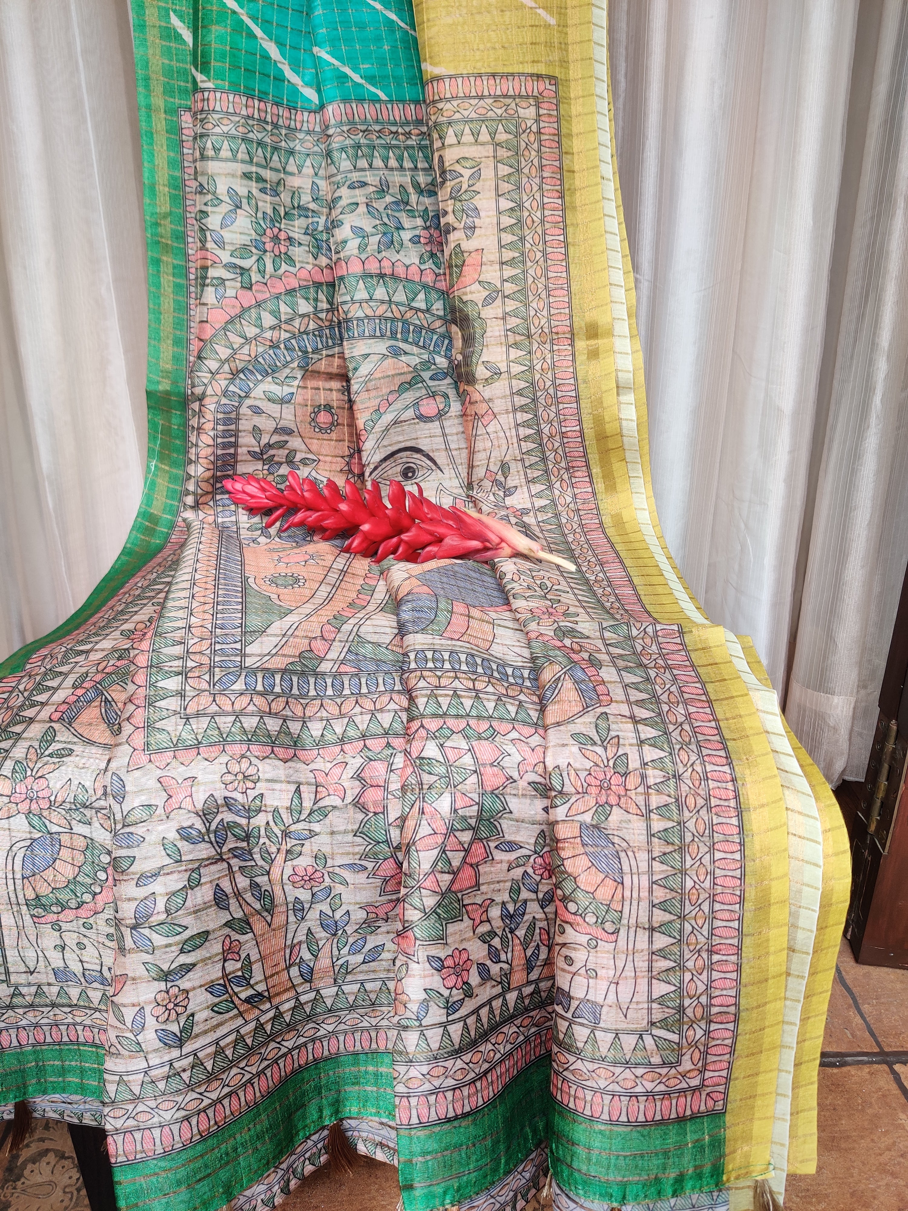 Tricolor Tussar lehariya print and madhubani blouse and pallu