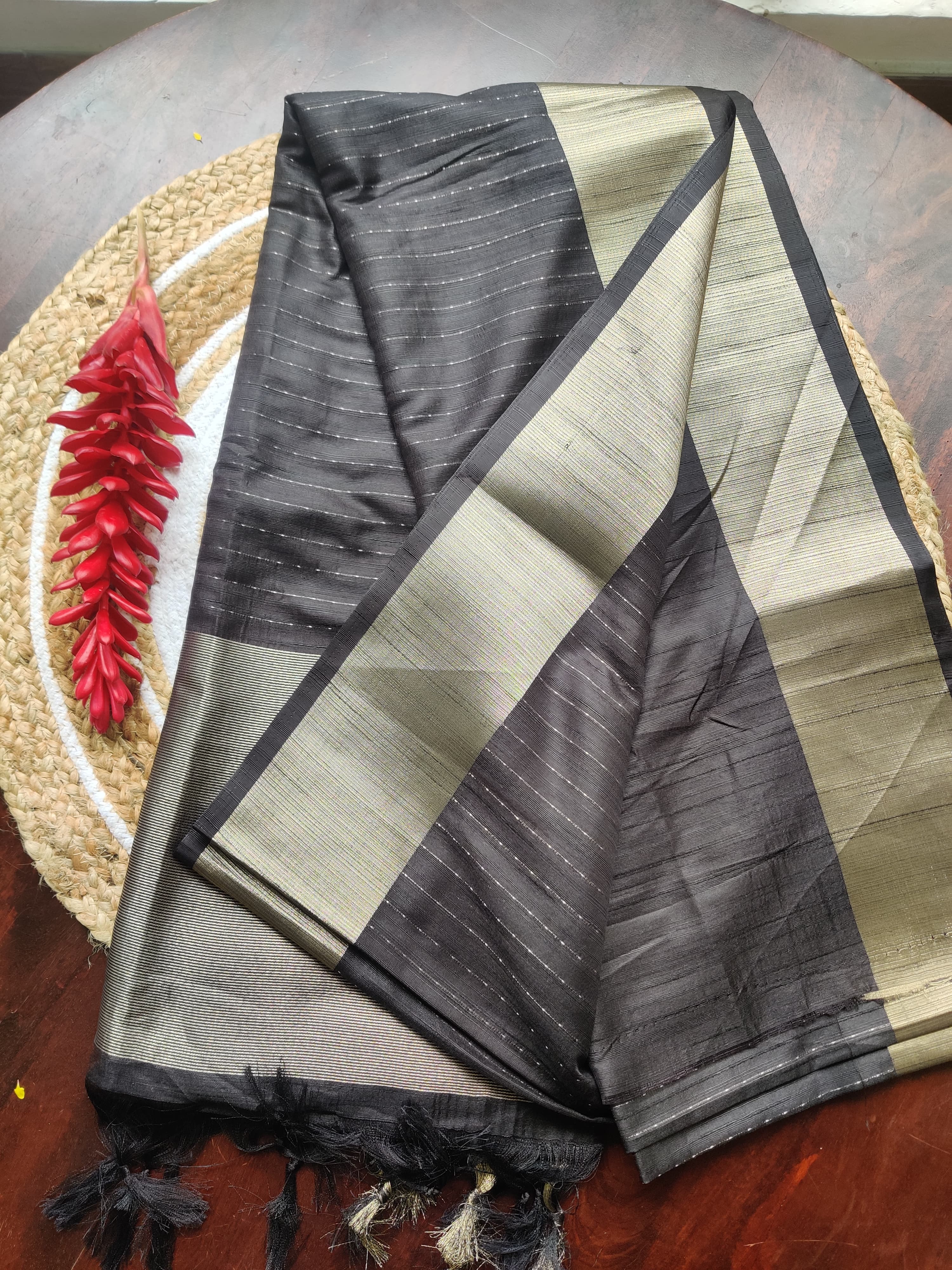 Beautiful Black Zari weaves Saree Contrast golden blouse