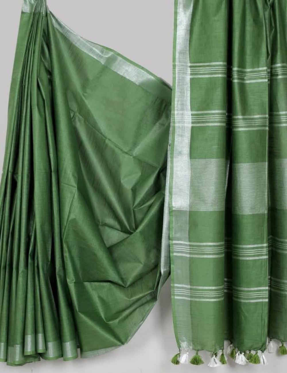 Elegant Green Linen Cotton Saree with Silver Border
