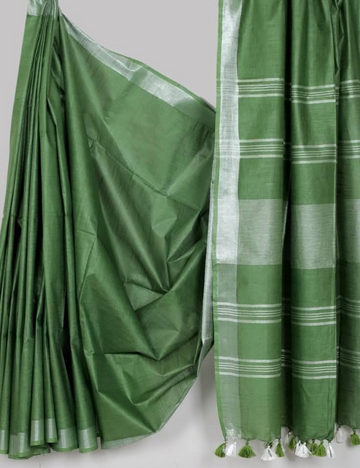 Elegant Green Linen Cotton Saree with Silver Border