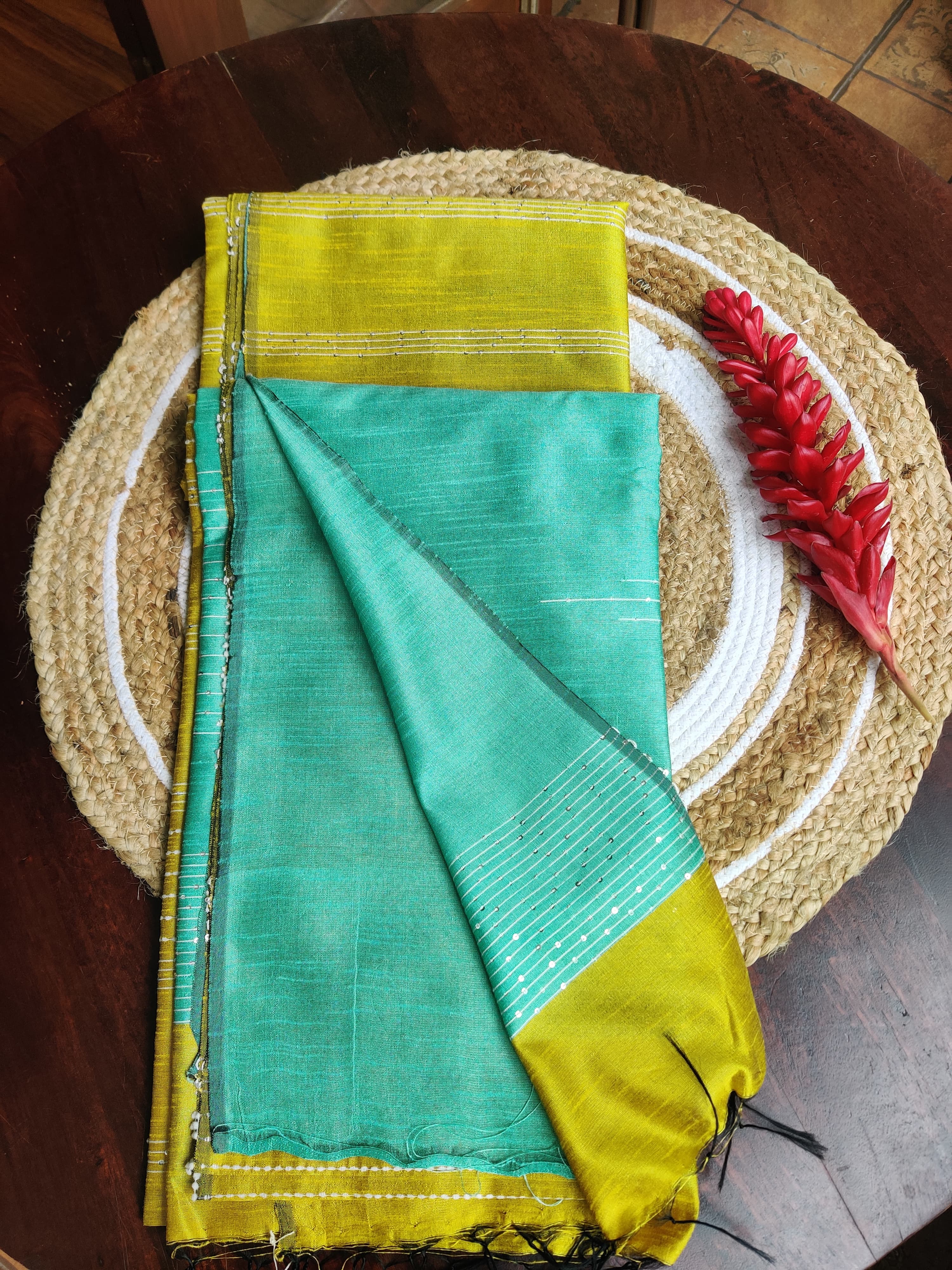 Bright Yellow Green saree Aqua blue blouse and pallu