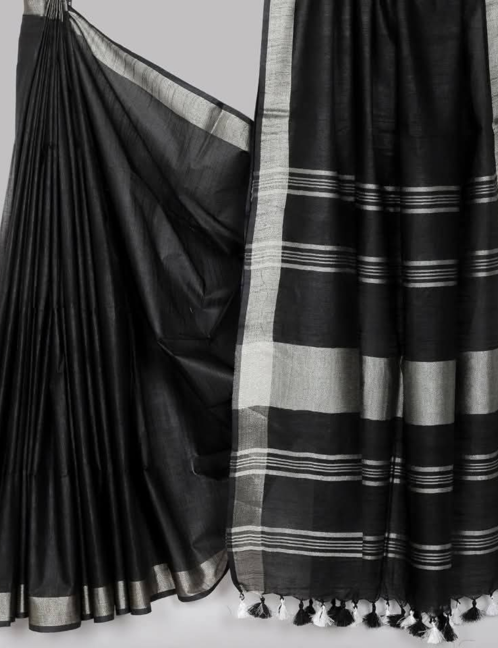 Classic Black Linen Cotton Saree with Silver Zari Border & Tassel Pallu