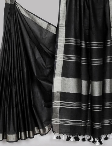 Classic Black Linen Cotton Saree with Silver Zari Border & Tassel Pallu