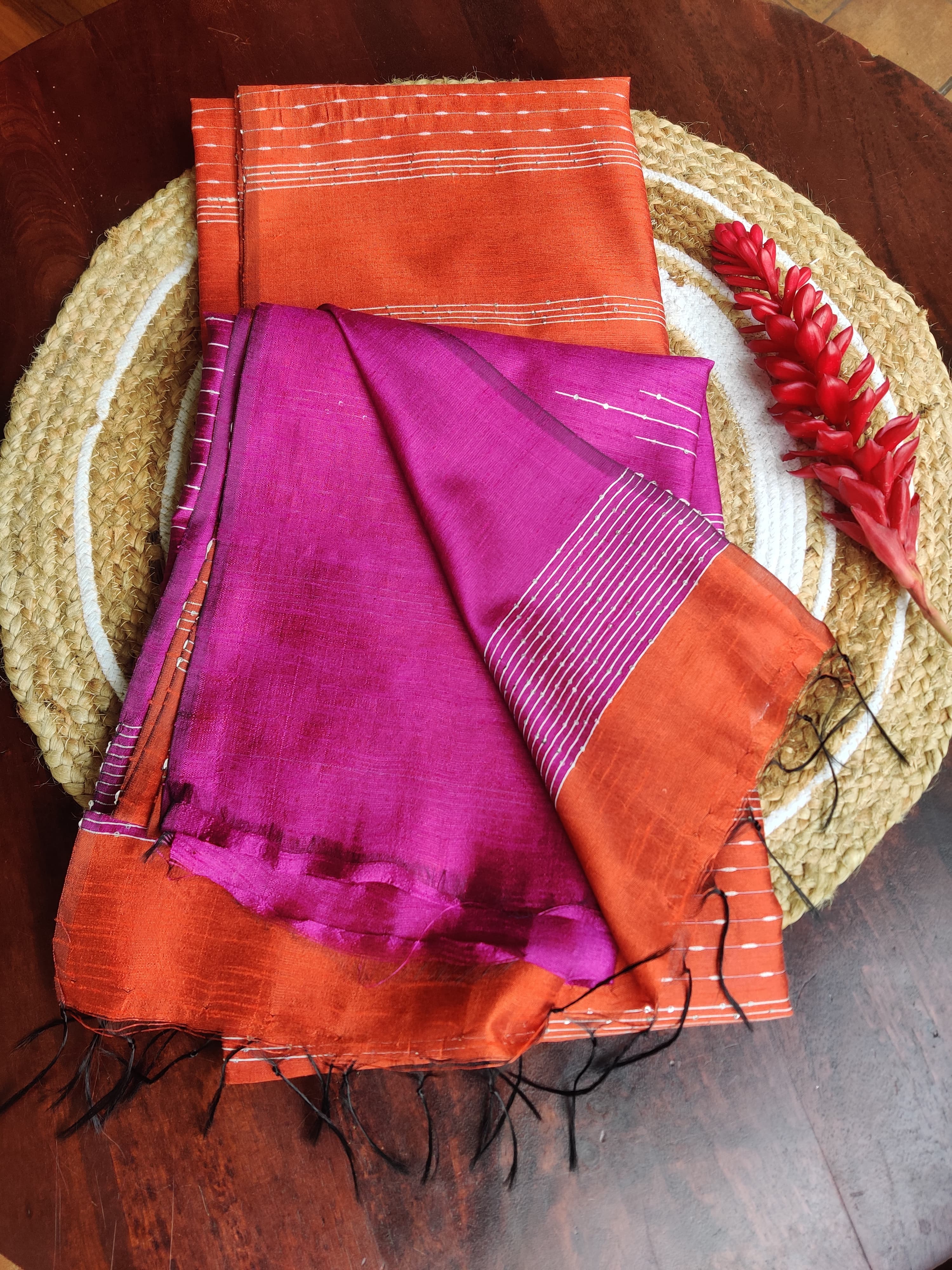 Bright Orange Stripes Saree with Voilet pallu and Blouse
