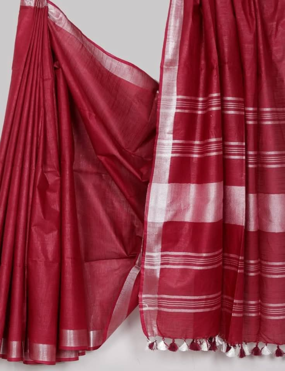 Maroon Linen Cotton Saree with Silver Zari & Tassel Detailing