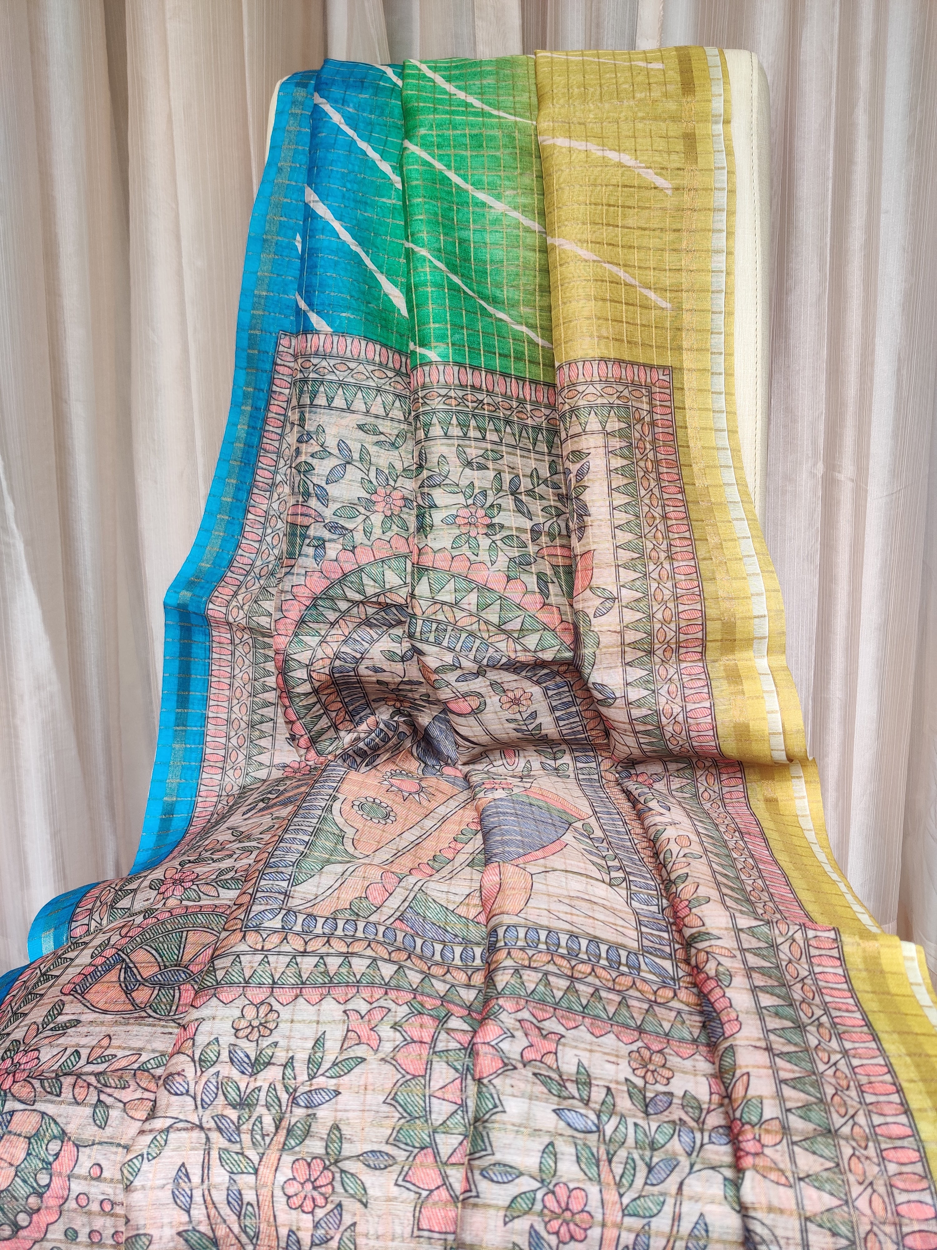 Tri color tussar silk with lehariya print